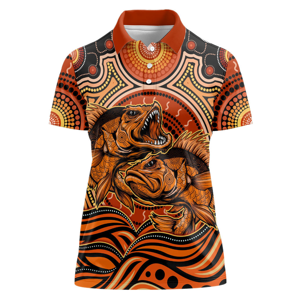 Barramundi Fish Women Polo Shirt Aboriginal Dot Art Indigenous Pattern
