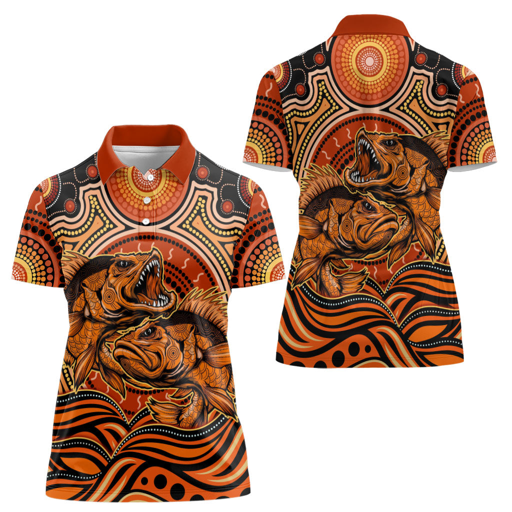 Barramundi Fish Women Polo Shirt Aboriginal Dot Art Indigenous Pattern