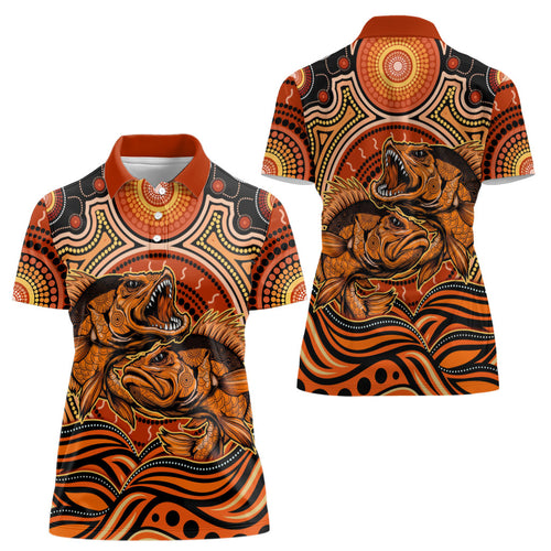 Barramundi Fish Women Polo Shirt Aboriginal Dot Art Indigenous Pattern
