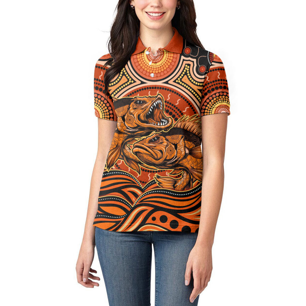 Barramundi Fish Women Polo Shirt Aboriginal Dot Art Indigenous Pattern