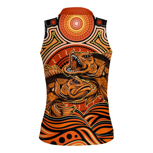 Barramundi Fish Women Sleeveless Polo Shirt Aboriginal Dot Art Indigenous Pattern