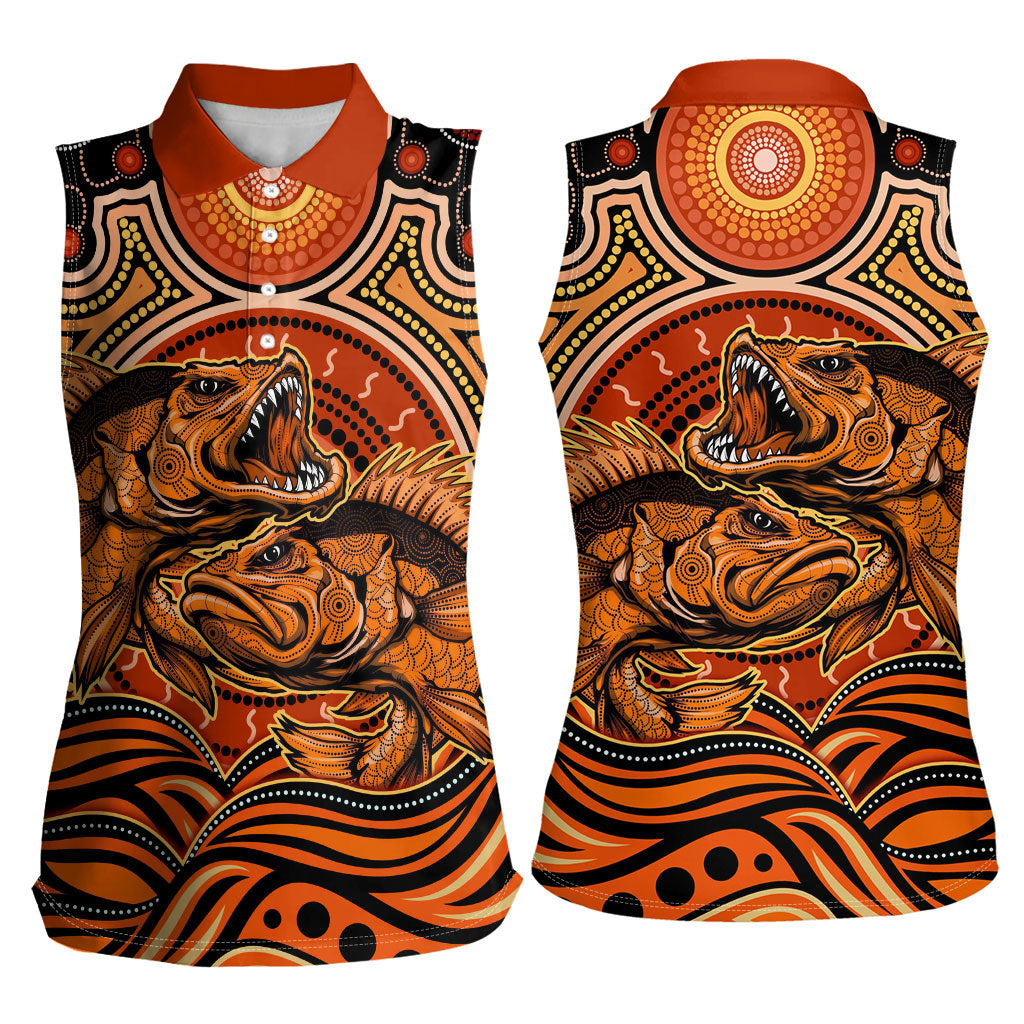 Barramundi Fish Women Sleeveless Polo Shirt Aboriginal Dot Art Indigenous Pattern