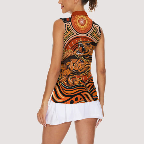 Barramundi Fish Women Sleeveless Polo Shirt Aboriginal Dot Art Indigenous Pattern