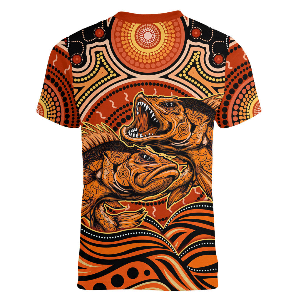 Barramundi Fish Women V-Neck T-Shirt Aboriginal Dot Art Indigenous Pattern