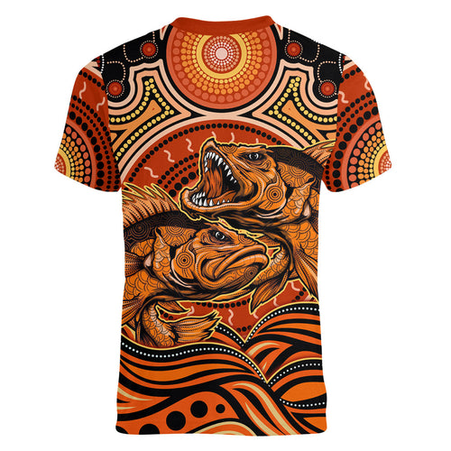 Barramundi Fish Women V-Neck T-Shirt Aboriginal Dot Art Indigenous Pattern