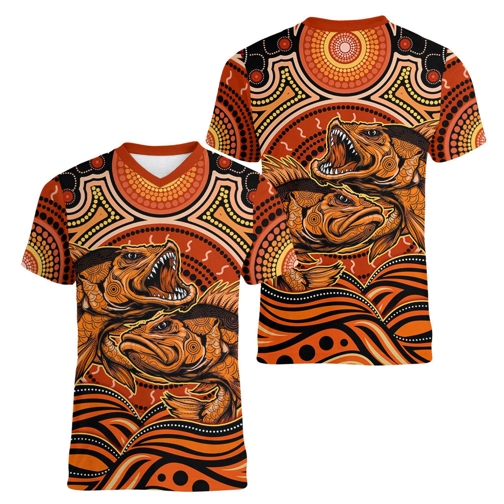 Barramundi Fish Women V-Neck T-Shirt Aboriginal Dot Art Indigenous Pattern