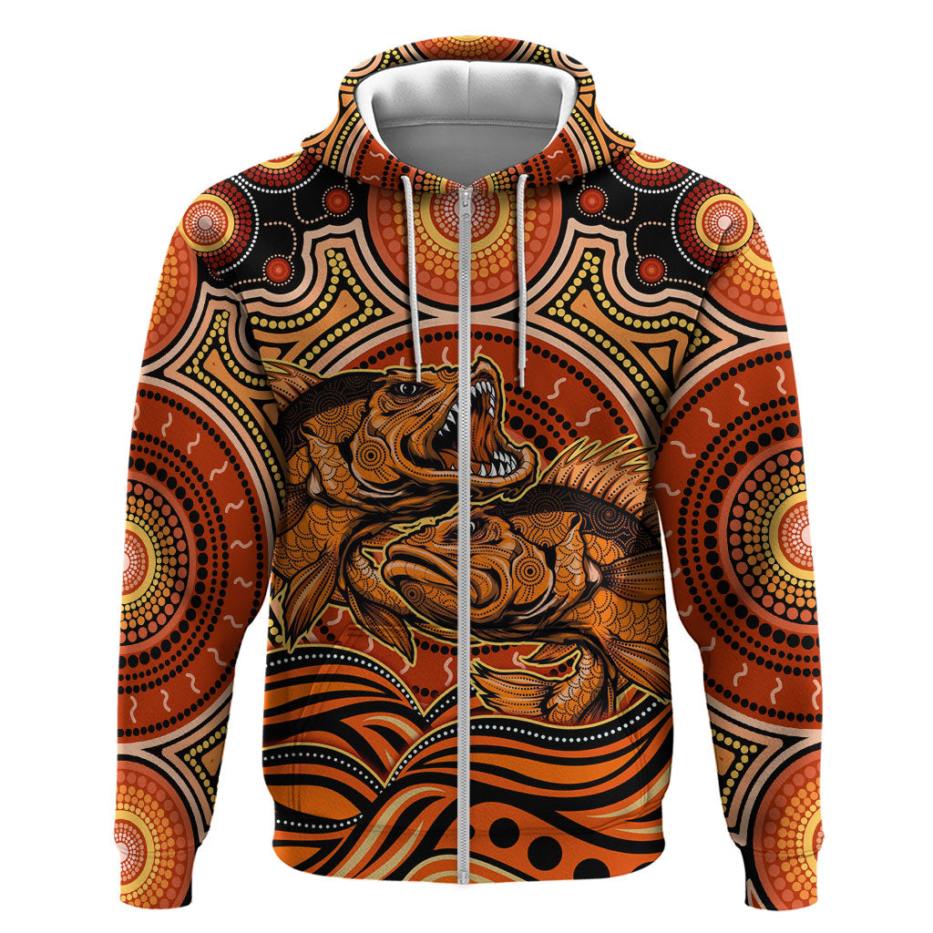Barramundi Fish Zip Hoodie Aboriginal Dot Art Indigenous Pattern