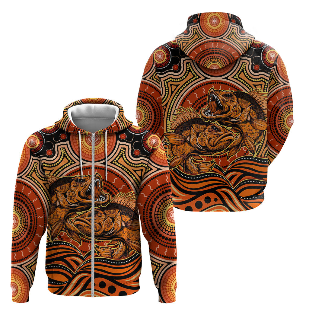 Barramundi Fish Zip Hoodie Aboriginal Dot Art Indigenous Pattern