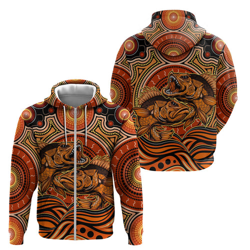 Barramundi Fish Zip Hoodie Aboriginal Dot Art Indigenous Pattern