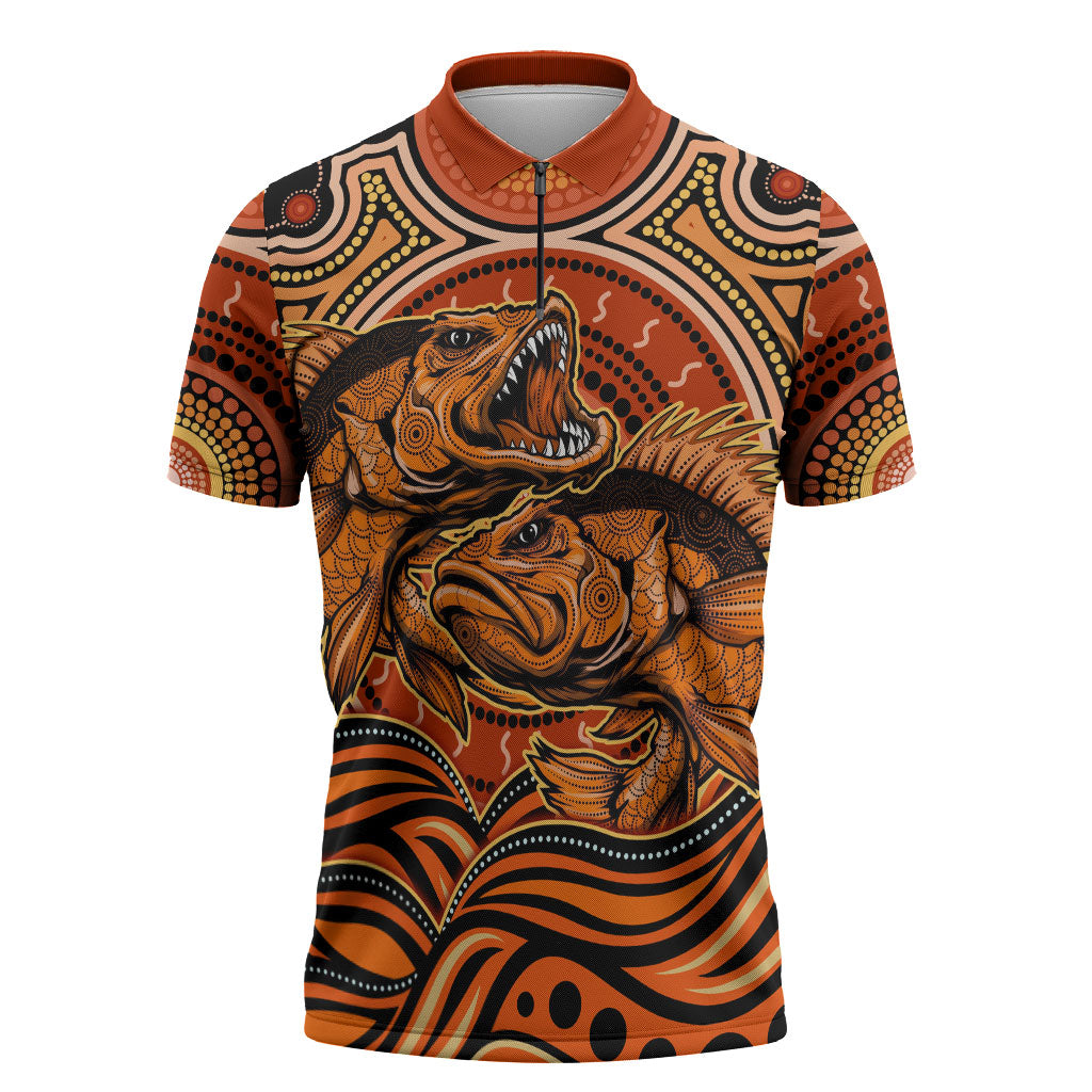 Barramundi Fish Zipper Polo Shirt Aboriginal Dot Art Indigenous Pattern