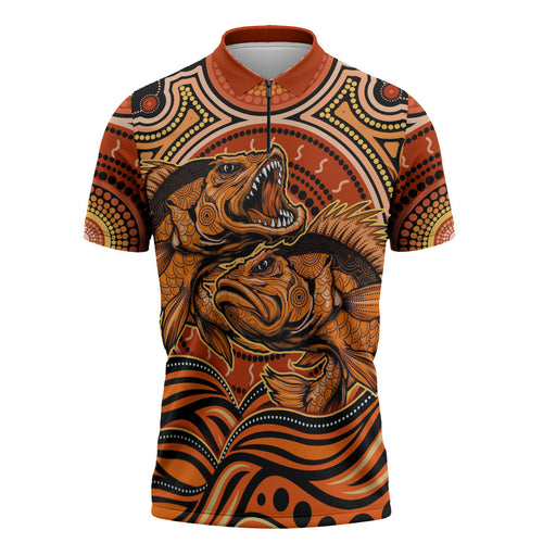Barramundi Fish Zipper Polo Shirt Aboriginal Dot Art Indigenous Pattern