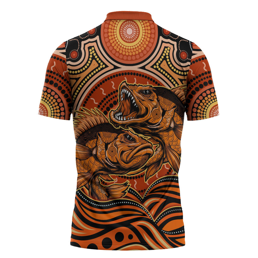 Barramundi Fish Zipper Polo Shirt Aboriginal Dot Art Indigenous Pattern