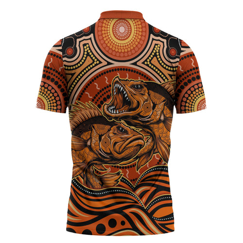 Barramundi Fish Zipper Polo Shirt Aboriginal Dot Art Indigenous Pattern