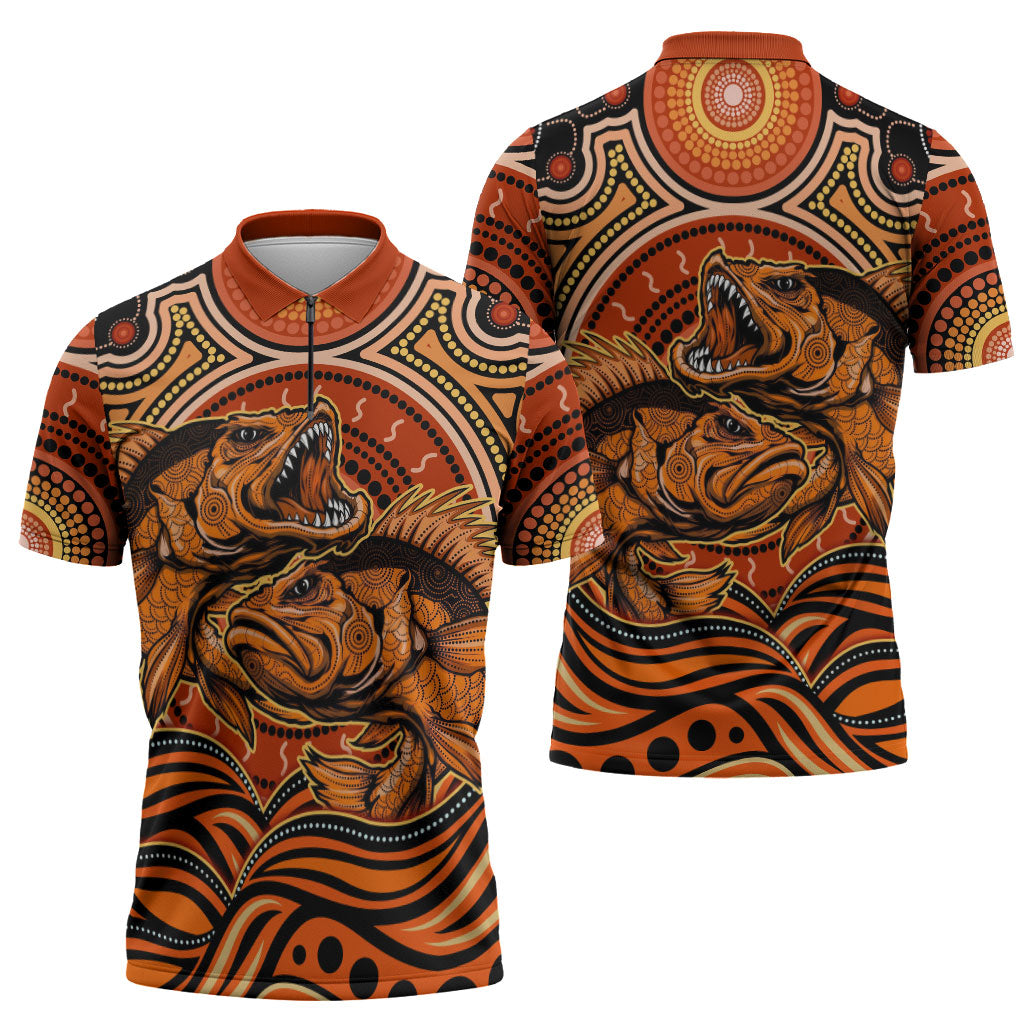 Barramundi Fish Zipper Polo Shirt Aboriginal Dot Art Indigenous Pattern