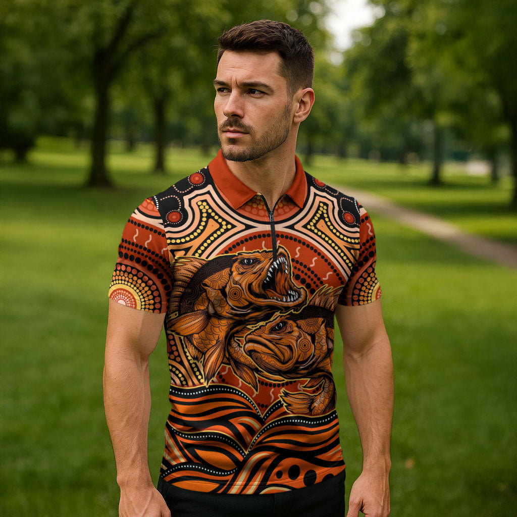Barramundi Fish Zipper Polo Shirt Aboriginal Dot Art Indigenous Pattern