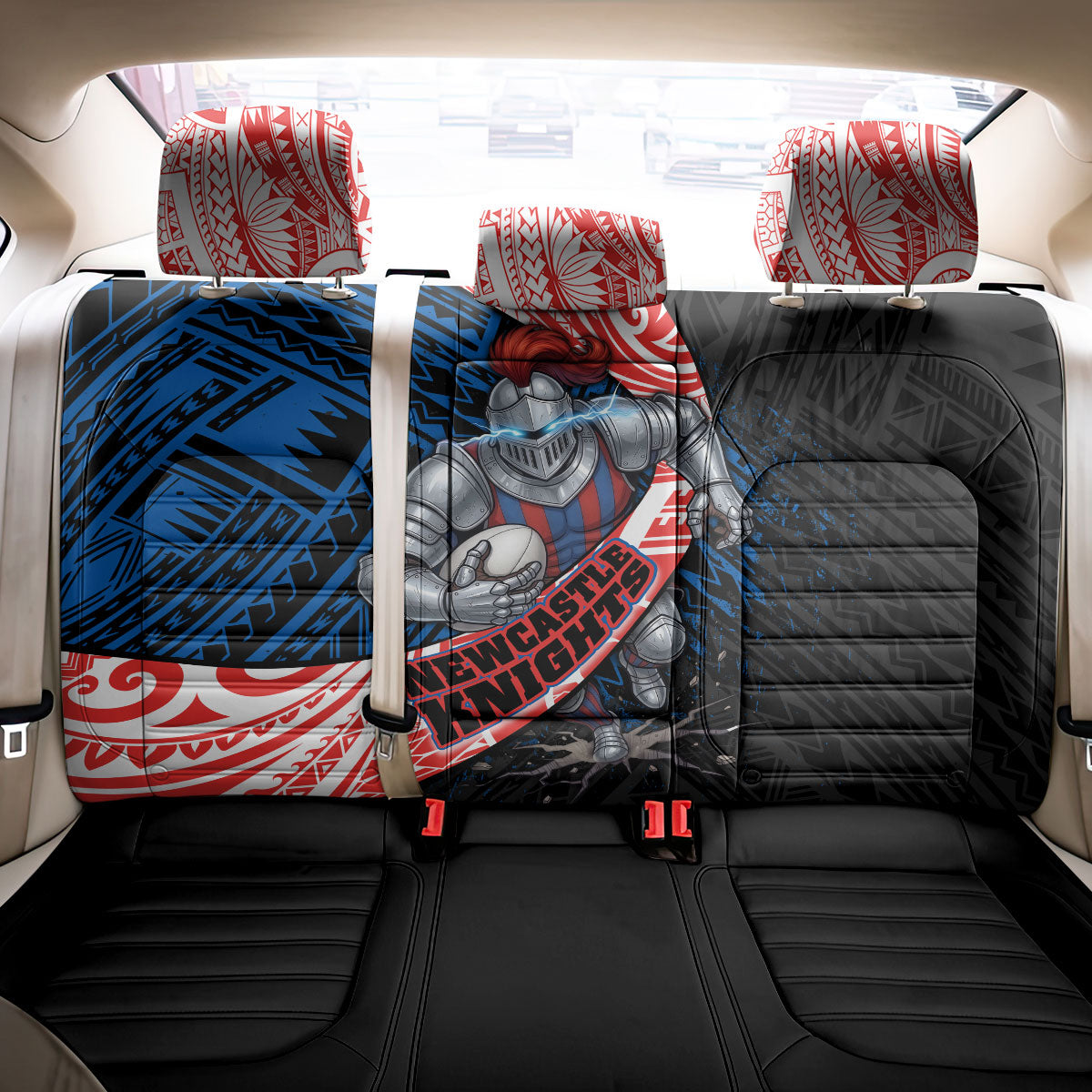 Newcastle Knights Rugby Back Car Seat Cover Tribal Polynesian Power Art - Lightning Mascot