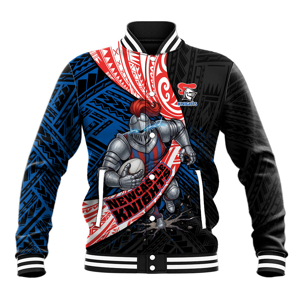 Newcastle Knights Rugby Baseball Jacket Tribal Polynesian Power Art - Lightning Mascot