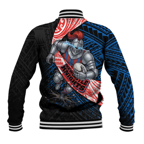 Newcastle Knights Rugby Baseball Jacket Tribal Polynesian Power Art - Lightning Mascot