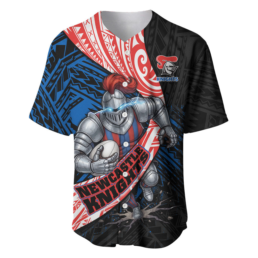 Newcastle Knights Rugby Baseball Jersey Tribal Polynesian Power Art - Lightning Mascot