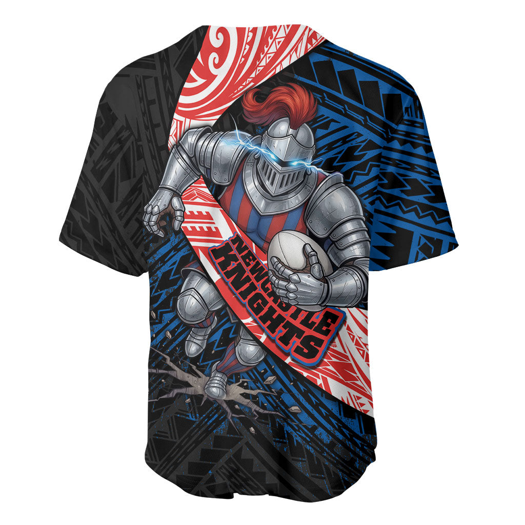 Newcastle Knights Rugby Baseball Jersey Tribal Polynesian Power Art - Lightning Mascot
