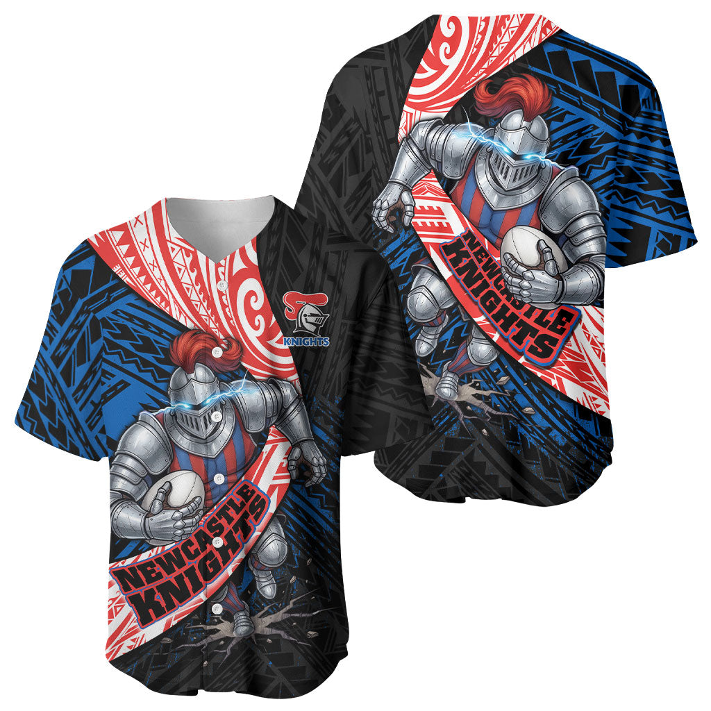 Newcastle Knights Rugby Baseball Jersey Tribal Polynesian Power Art - Lightning Mascot
