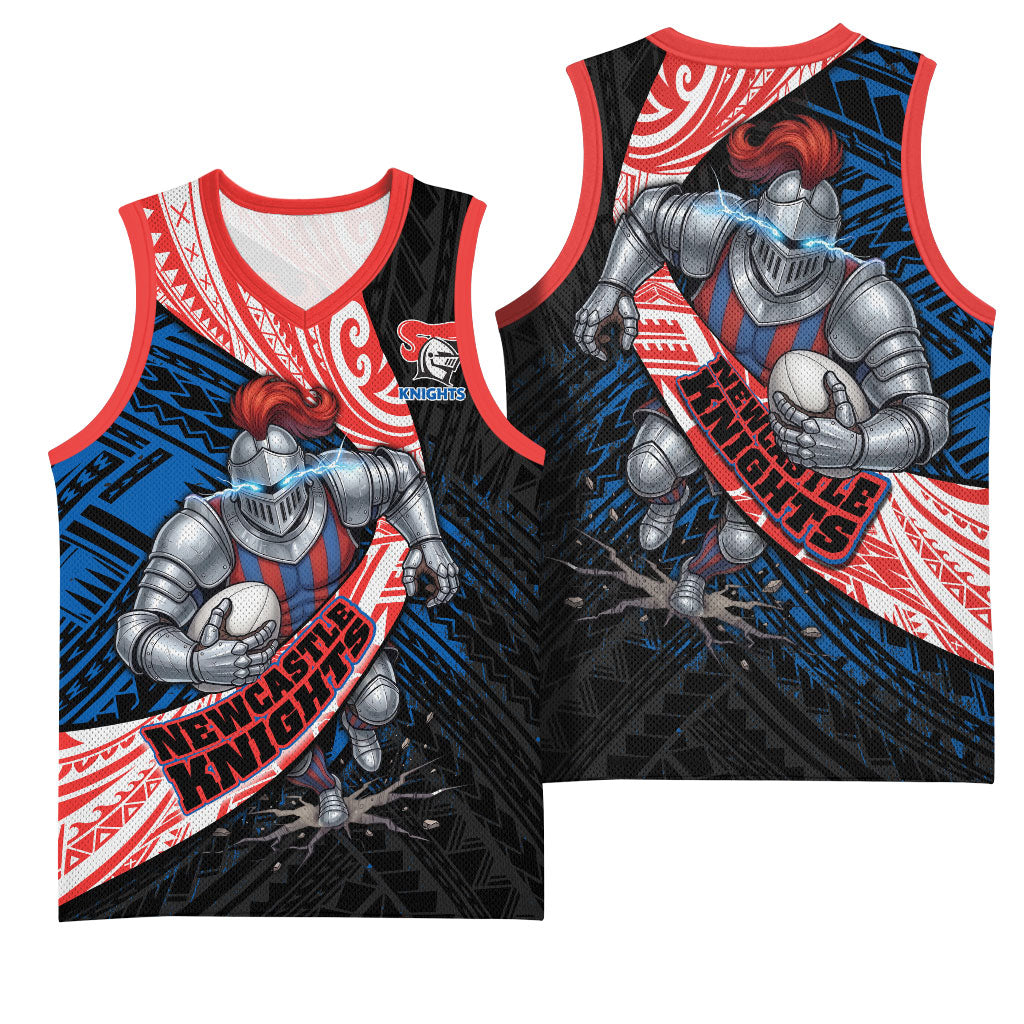Newcastle Knights Rugby Basketball Jersey Tribal Polynesian Power Art - Lightning Mascot