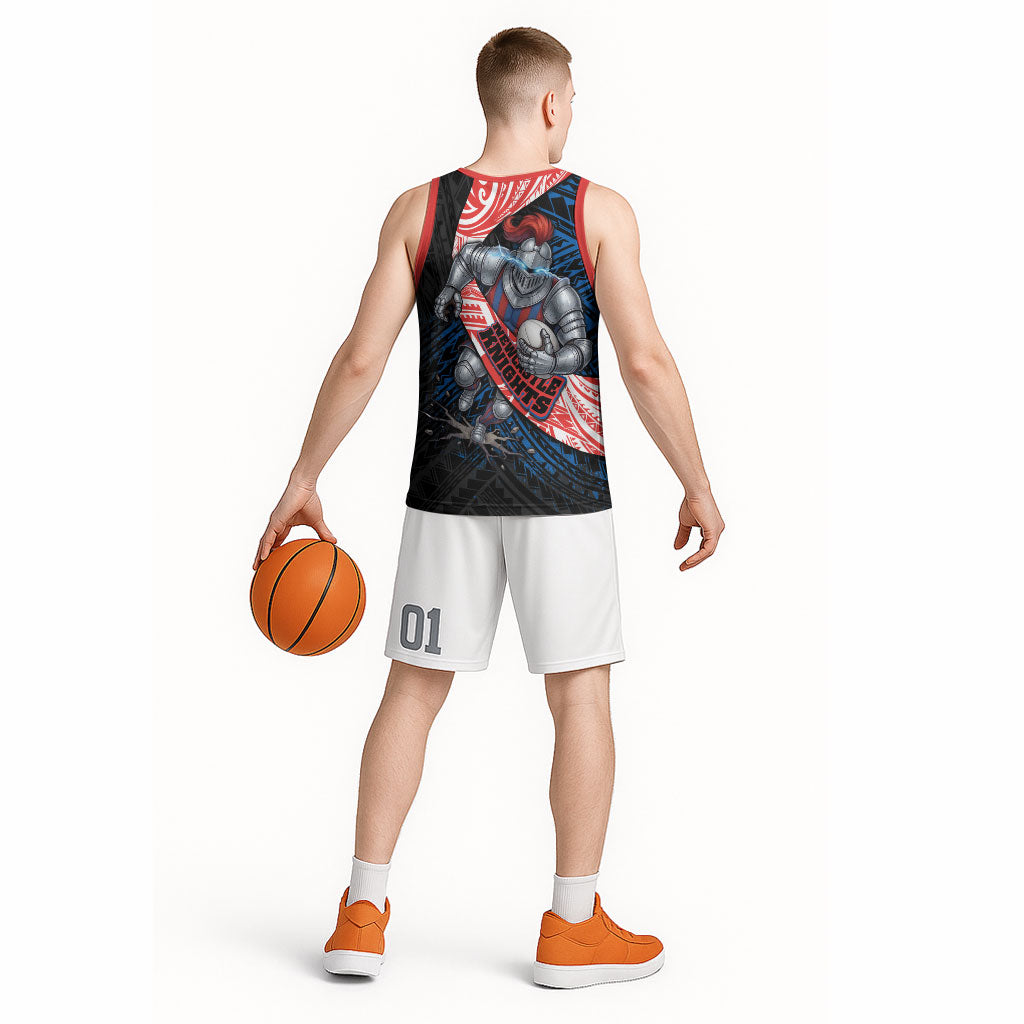 Newcastle Knights Rugby Basketball Jersey Tribal Polynesian Power Art - Lightning Mascot