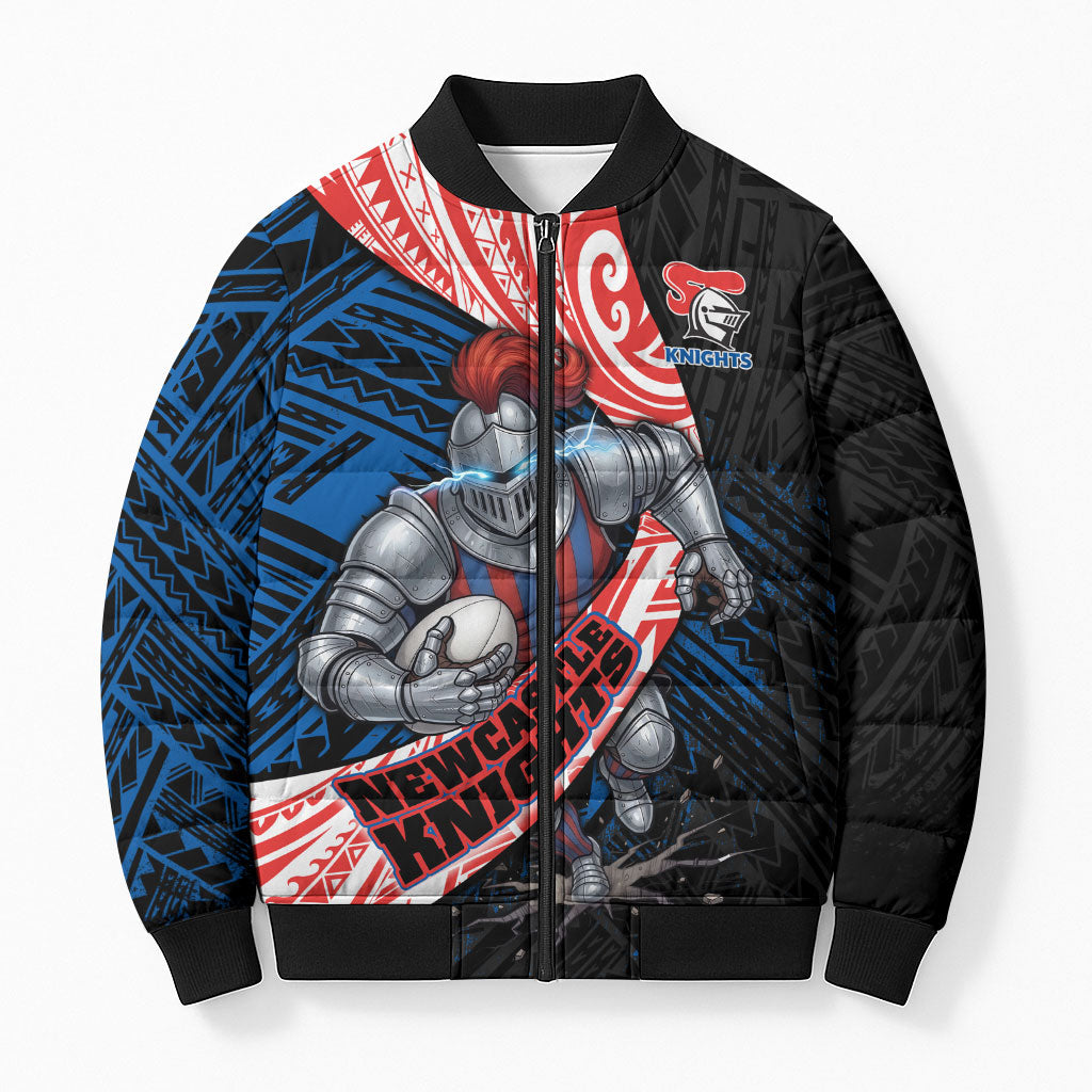 Newcastle Knights Rugby Bomber Puffer Jacket Tribal Polynesian Power Art - Lightning Mascot