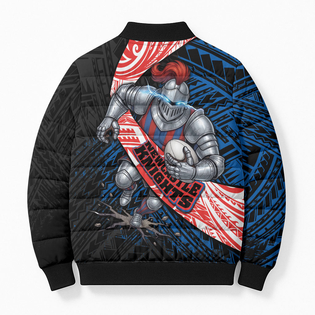 Newcastle Knights Rugby Bomber Puffer Jacket Tribal Polynesian Power Art - Lightning Mascot