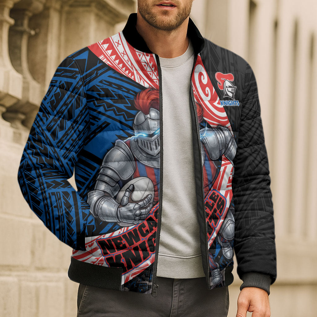Newcastle Knights Rugby Bomber Puffer Jacket Tribal Polynesian Power Art - Lightning Mascot