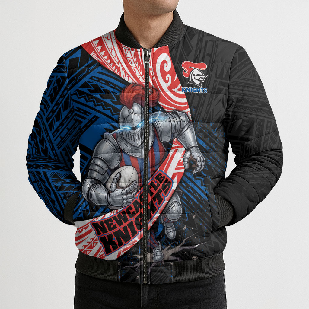 Newcastle Knights Rugby Bomber Puffer Jacket Tribal Polynesian Power Art - Lightning Mascot