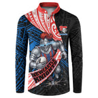 Newcastle Knights Rugby Button Sweatshirt Tribal Polynesian Power Art - Lightning Mascot