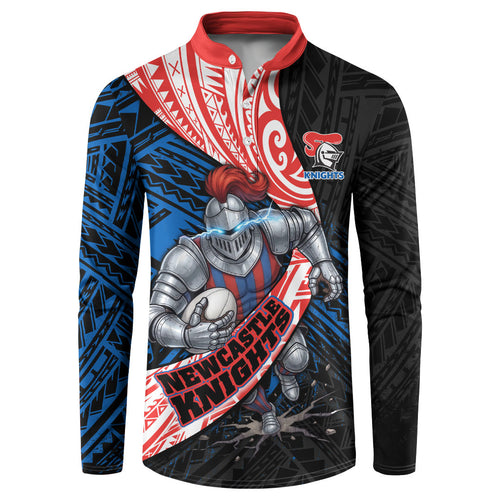 Newcastle Knights Rugby Button Sweatshirt Tribal Polynesian Power Art - Lightning Mascot
