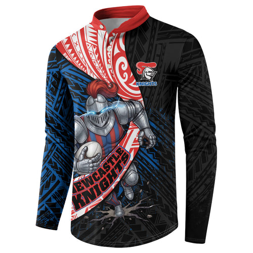 Newcastle Knights Rugby Button Sweatshirt Tribal Polynesian Power Art - Lightning Mascot
