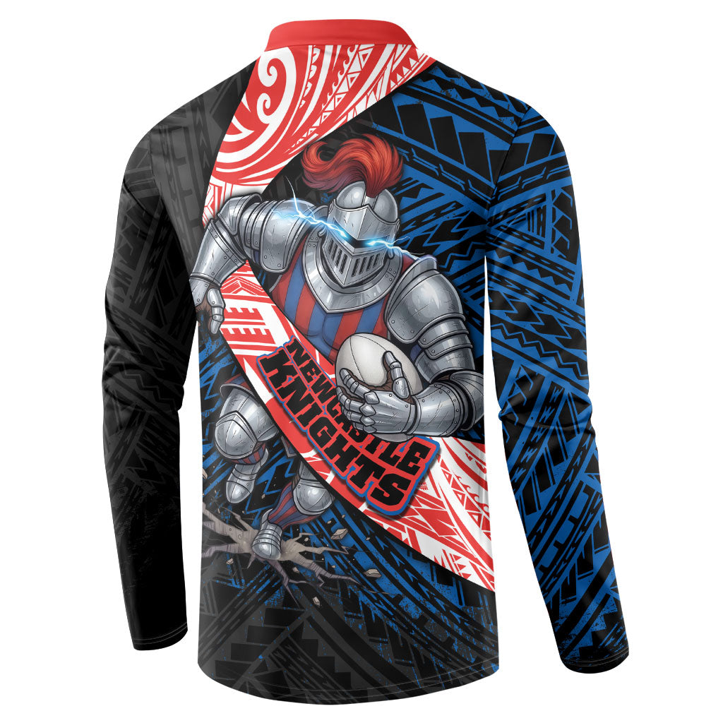 Newcastle Knights Rugby Button Sweatshirt Tribal Polynesian Power Art - Lightning Mascot
