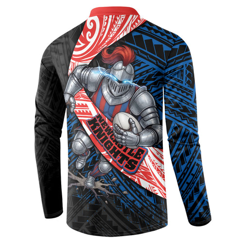 Newcastle Knights Rugby Button Sweatshirt Tribal Polynesian Power Art - Lightning Mascot