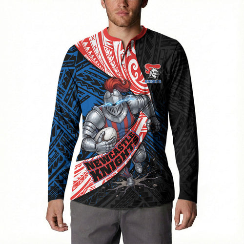 Newcastle Knights Rugby Button Sweatshirt Tribal Polynesian Power Art - Lightning Mascot