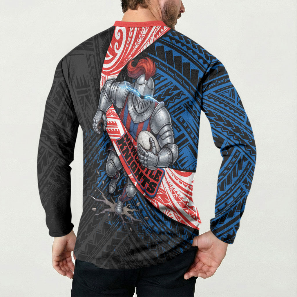 Newcastle Knights Rugby Button Sweatshirt Tribal Polynesian Power Art - Lightning Mascot