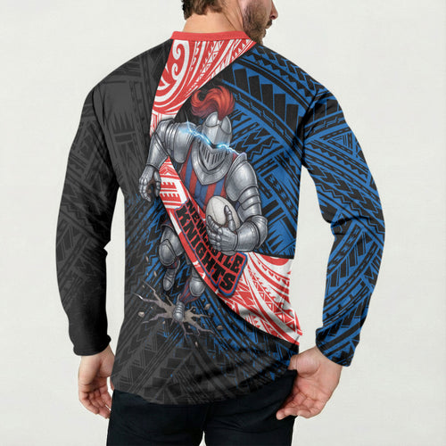 Newcastle Knights Rugby Button Sweatshirt Tribal Polynesian Power Art - Lightning Mascot