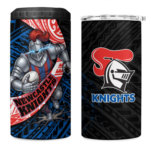 Newcastle Knights Rugby 4 in 1 Can Cooler Tumbler Tribal Polynesian Power Art - Lightning Mascot