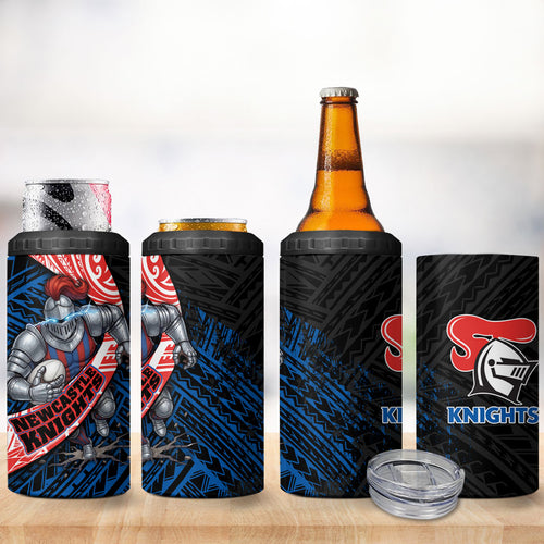 Newcastle Knights Rugby 4 in 1 Can Cooler Tumbler Tribal Polynesian Power Art - Lightning Mascot
