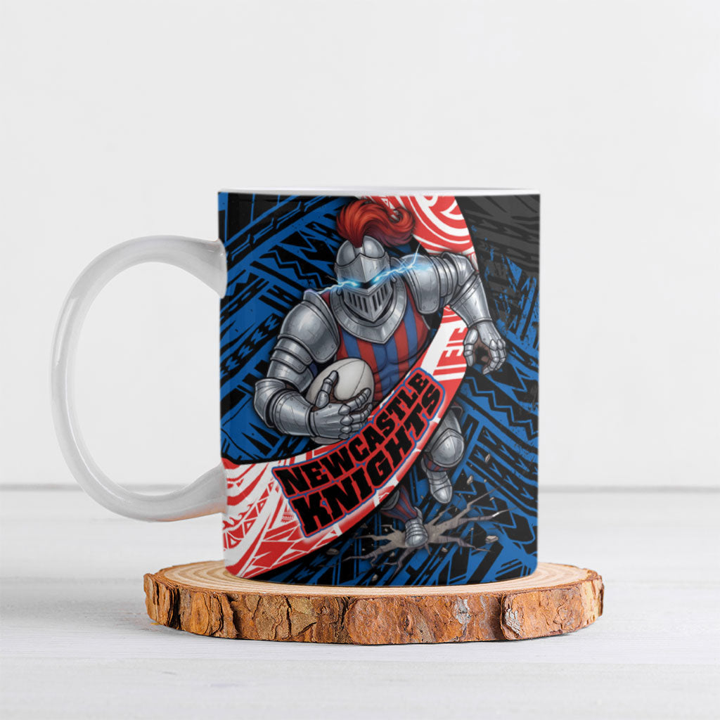 Newcastle Knights Rugby Ceramic Mug Tribal Polynesian Power Art - Lightning Mascot