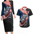 Newcastle Knights Rugby Couples Matching Long Sleeve Bodycon Dress and Hawaiian Shirt Tribal Polynesian Power Art - Lightning Mascot