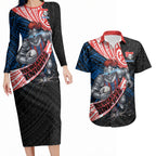 Newcastle Knights Rugby Couples Matching Long Sleeve Bodycon Dress and Hawaiian Shirt Tribal Polynesian Power Art - Lightning Mascot