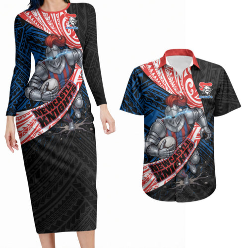 Newcastle Knights Rugby Couples Matching Long Sleeve Bodycon Dress and Hawaiian Shirt Tribal Polynesian Power Art - Lightning Mascot