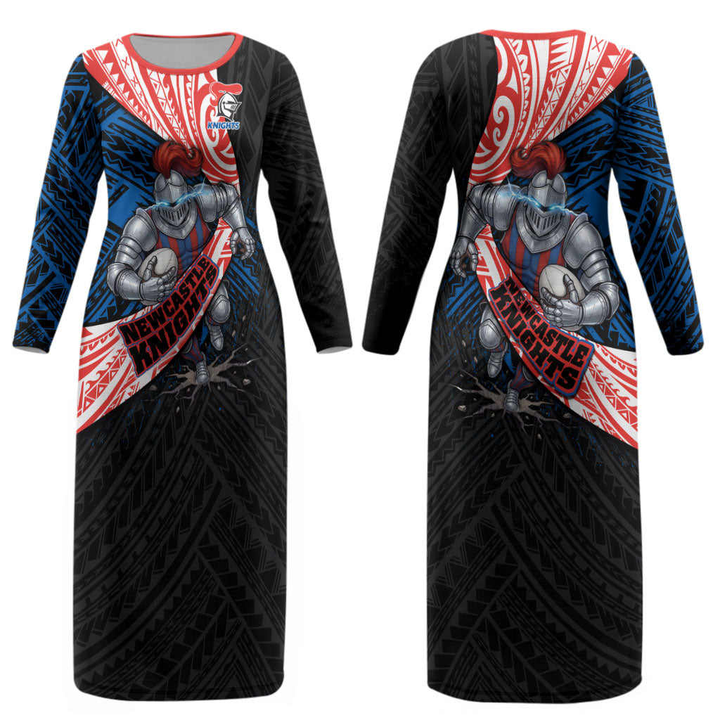 Newcastle Knights Rugby Couples Matching Long Sleeve Bodycon Dress and Hawaiian Shirt Tribal Polynesian Power Art - Lightning Mascot