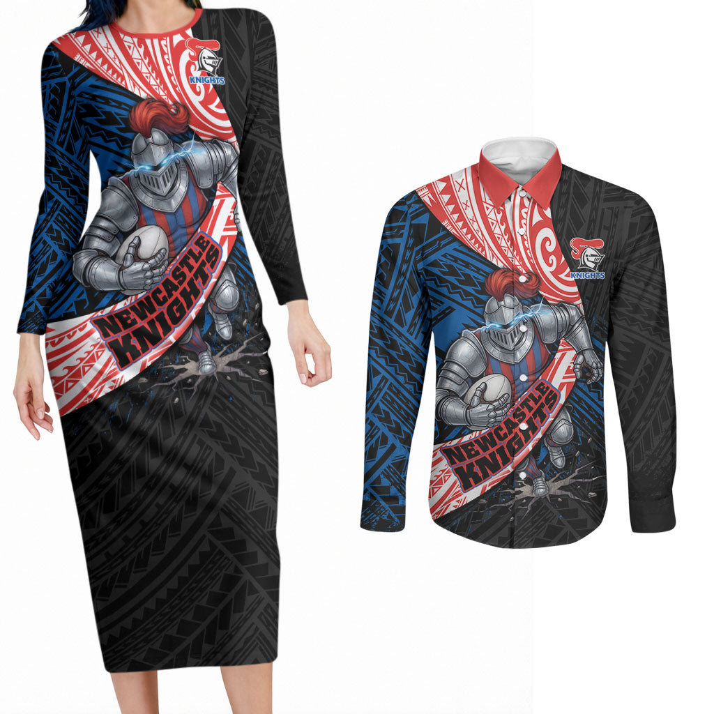 Newcastle Knights Rugby Couples Matching Long Sleeve Bodycon Dress and Long Sleeve Button Shirt Tribal Polynesian Power Art - Lightning Mascot