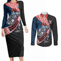 Newcastle Knights Rugby Couples Matching Long Sleeve Bodycon Dress and Long Sleeve Button Shirt Tribal Polynesian Power Art - Lightning Mascot