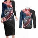 Newcastle Knights Rugby Couples Matching Long Sleeve Bodycon Dress and Long Sleeve Button Shirt Tribal Polynesian Power Art - Lightning Mascot