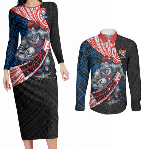 Newcastle Knights Rugby Couples Matching Long Sleeve Bodycon Dress and Long Sleeve Button Shirt Tribal Polynesian Power Art - Lightning Mascot